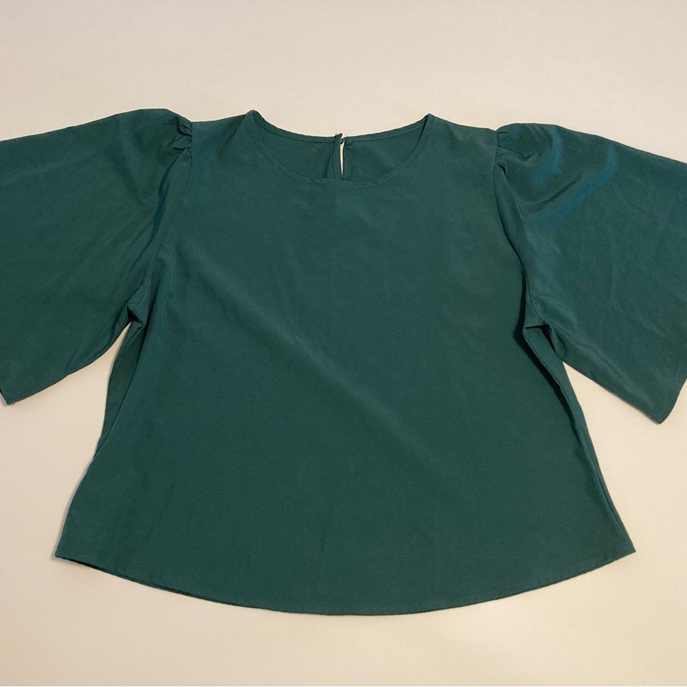 Chic hunter green Women's Blouse with oversized sleeves and back button detail